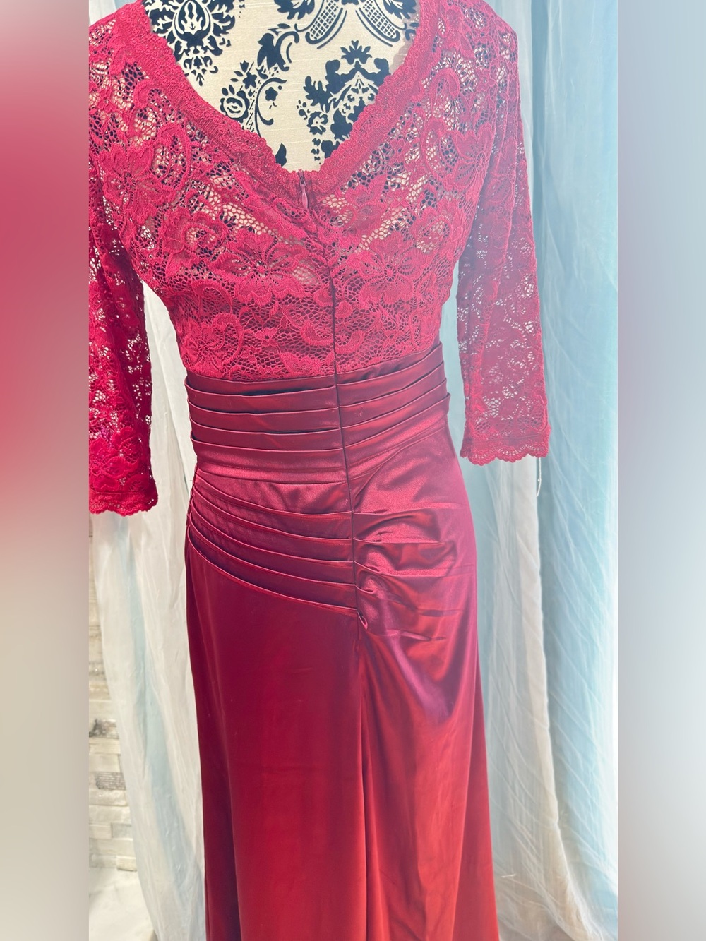 Elegant Maroon Burgundy Satin & Lace Gown - 3/4 Sleeve Maxi Dress - Size M - Picture 5 of 10